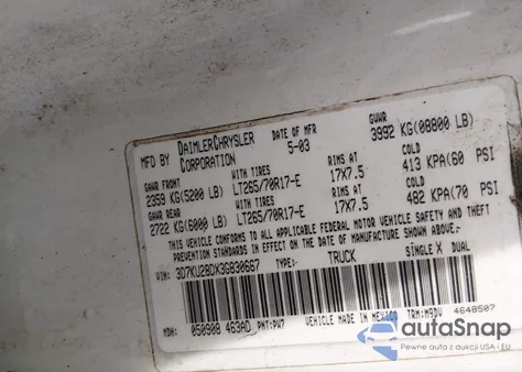 2003 Dodge Ram 2500 Slt/Laramie/St z USA, uszkodzony, nr VIN 3D7KU28DX3G830667